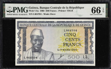 GUINEA. Banque Centrale de la Republique de Guinee. 500 Francs, 1960. P-14a. PMG Gem Uncirculated 66 EPQ.

Estimate: $75.00- $100.00