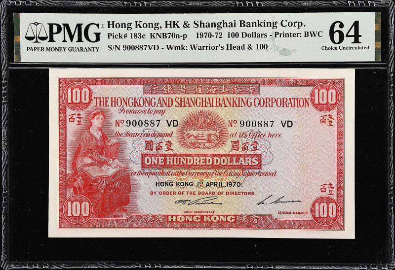 HONG KONG. Hongkong & Shanghai Banking Corporation. 100 Dollars, 1970. P-183c. P...