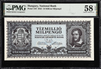 HUNGARY. Magyar Nemzeti Bank. 10 Million Milpengo, 1946. P-129. PMG Choice About Uncirculated 58 EPQ.

Estimate: $75.00- $150.00