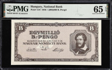HUNGARY. Magyar Nemzeti Bank. 1,000,000 B.-Pengo, 1946. P-134. PMG Gem Uncirculated 65 EPQ.

Estimate: $100.00- $200.00
