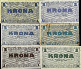 ICELAND. Lot of (6). Rikissjod Islands. 1 Krona, 1941. P-22a, 22f, 22g, 22i, 22j, & 22k. Fine to Very Fine.
Mounting remnants are found on all. Other...