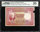 ICELAND. Landsbanki Islands. 100 Kronur, 1928. P-30a. PMG Choice Very Fine 35.
PMG comments "Paper Damage, Stains". 

Estimate: $100.00- $200.00