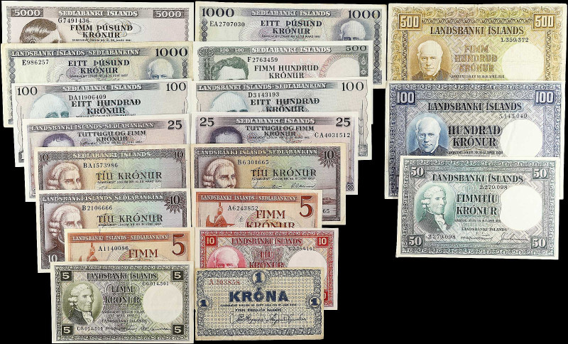 ICELAND. Lot of (19). Mixed Banks. 1 to 5000 Kronur, 1900-61. P-Various. Fine to...