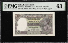 INDIA. Reserve Bank of India. 5 Rupees, ND (1937). P-18a. Jhun&Rez 4.3.1. PMG Choice Uncirculated 63.
PMG comments "Spindle Holes".

Estimate: $100...