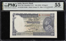 INDIA. Reserve Bank of India. 10 Rupees, ND (1943). P-19b. Short Snorter. PMG About Uncirculated 55.
Short Snorter.

Estimate: $200.00- $300.00