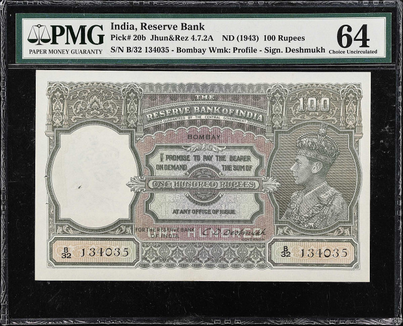 INDIA. Reserve Bank of India. 100 Rupees, ND (1943). P-20b. Jhun&Rez 4.7.2A. PMG...