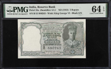 INDIA. Reserve Bank of India. 5 Rupees, ND (1943). P-23a. PMG Choice Uncirculated 64 EPQ.
PMG comments "Staple Holes at Issue".

Estimate: $175.00-...
