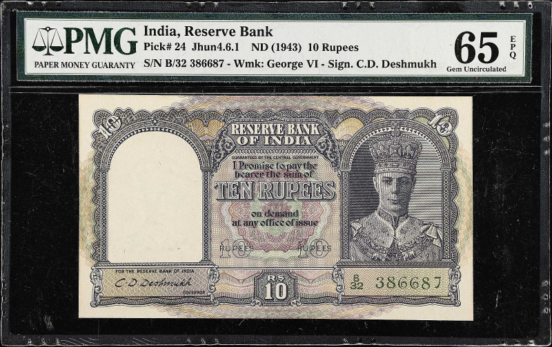 INDIA. Reserve Bank of India. 10 Rupees, ND (1943). P-24. PMG Gem Uncirculated 6...