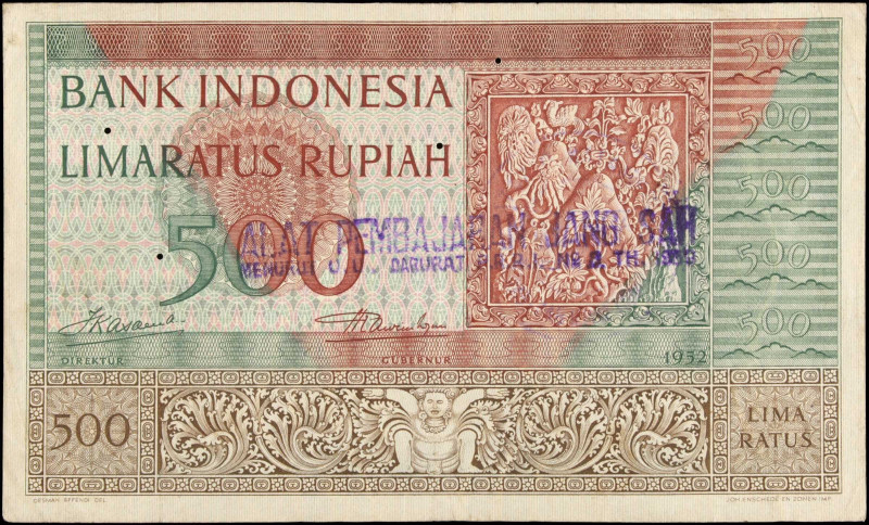 INDONESIA. Bank Indonesia. 500 Rupiah, 1952. P-47. Very Fine.
Four punch cancel...