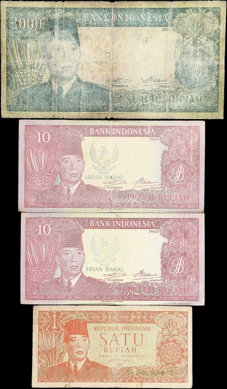 INDONESIA. Lot of (4). Bank Indonesia. 1, 10 & 1000 Rupiah, 1960 & 1961. P-72, 8...