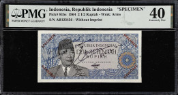 INDONESIA. Republik Indonesia. 2 1/2 Rupiah, 1964. P-81bs. Specimen. PMG Extremely Fine 40.
PMG comments "Printer's Annotations, Previously Mounted"....