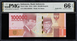 INDONESIA. Lot of (2). Bank Indonesia. 100,000 Rupiah, 2016-22. P-160e & 168a. Solid #8's. PMG Gem Uncirculated 66 EPQ.
Both notes have serial number...