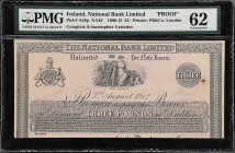 IRELAND. National Bank Limited. 3 Pounds, 1900-15. P-A58p. Proof. PMG Uncirculated 62.
PMG comments "Signature Panel Removed, Previously Mounted, Min...