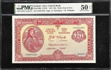 IRELAND, REPUBLIC. Central Bank of Ireland. 20 Pounds, 1957. P-60d. PMG About Uncirculated 50 EPQ.
Scarce and early 1957 date is found on this higher...