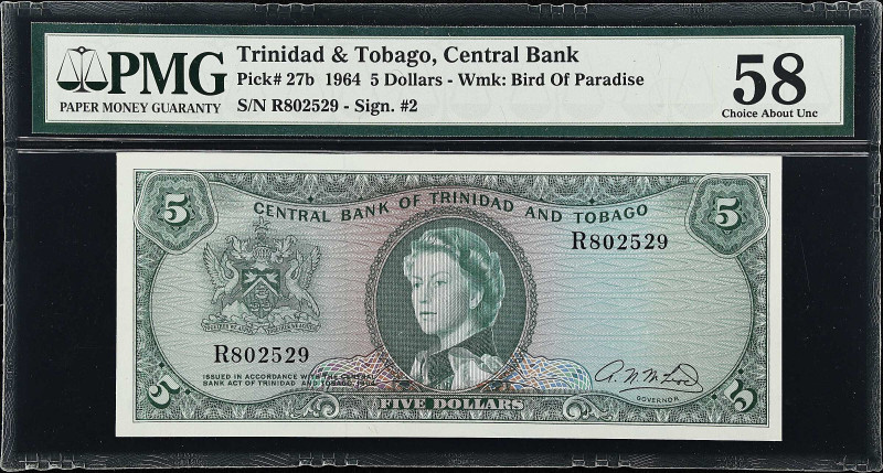 TRINIDAD & TOBAGO. Central Bank of Trinidad & Tobago. 5 Dollars, 1964. P-27b. PM...