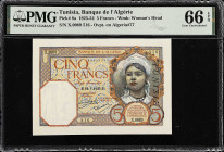 TUNISIA. Banque de l'Algerie. 5 Francs, 1925. P-8a. PMG Gem Uncirculated 66 EPQ.
From the Prosperity Collection.

Estimate: $200.00- $400.00