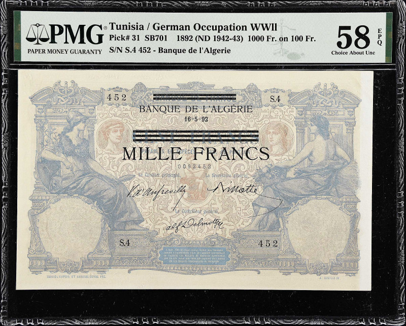 TUNISIA. Banque de l'Algerie. 1000 Francs, 1892 (ND 1942-43). P-31. PMG Choice A...