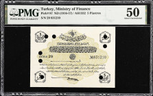 TURKEY. Ministry of Finance. 5 Piastres, ND (1916-17). P-87. PMG About Uncirculated 50.
Punch hole cancelled. PMG comments "Previously Mounted".

E...