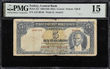 TURKEY. Turkiye Cumhuriyet Merkez Bankasi. 5 Lira, 1930 (ND 1937). P-127. PMG Choice Fine 15.
PMG comments "Splits".

Estimate: $80.00- $120.00