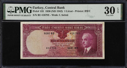 TURKEY. Turkiye Cumhuriyet Merkez Bankasi. 1 Lira, 1930 (ND 1942). P-135. PMG Very Fine 30 EPQ.

Estimate: $100.00- $200.00