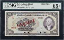 TURKEY. Turkiye Cumhuriyet Merkez Bankasi. 50 Lira, 1930. P-142As. Specimen. PMG Gem Uncirculated 65 EPQ.

Estimate: $100.00- $200.00