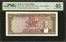 TURKEY. Turkiye Cumhuriyet Merkez Bankasi. 50 Turk Lirasi, 1930 (ND 1964). P-175a. PMG Choice Extremely Fine 45.
Printed by DBM-A. A mid-grade offeri...