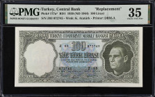 TURKEY. Turkiye Cumhuriyet Merkez Bankasi. 100 Lira, 1930 (ND 1964). P-177a*. Replacement. PMG Choice Very Fine 35.

Estimate: $35.00- $70.00