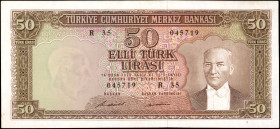 TURKEY. Turkiye Cumhuriyet Merkez Bankasi. 50 Turk Lirasi, 1971. P-187A. Extremely Fine.
Series "R". Light spots are found in the left end.

Estima...