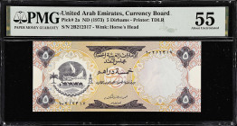 UNITED ARAB EMIRATES. United Arab Emirates Currency Board. 5 Dirhams, ND (1973). P-2a. PMG About Uncirculated 55.
PMG comments "Minor Foreign Substan...