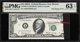 UNITED STATES. Federal Reserve Note. Boston. 10 Dollars, 1969A. Fr. 2019-A. Ink Smear Error. PMG Choice Uncirculated 63 EPQ.
With Rejection Mark.

...