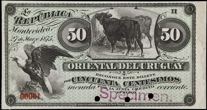 URUGUAY. Comision de Extincion de Billetes. 50 Centesimos, 1875. P-A100s. Specim...
