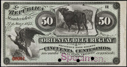 URUGUAY. Comision de Extincion de Billetes. 50 Centesimos, 1875. P-A100s. Specimen. Very Fine.
With mounting remnants.

Estimate: $175.00- $300.00