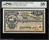 URUGUAY. Lot of (3). El Banco de Credito Auxiliar. 4 Centesimos, 20 & 50 Pesos, 1887-89. P-S161r, S164r & S165a. PMG Choice About Uncirculated 58 EPQ ...