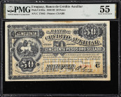 URUGUAY. Banco de Credito Auxiliar. 50 Pesos, 1888. P-S165a. PMG About Uncirculated 55.
PMG comments "Stains".

Estimate: $25.00- $50.00