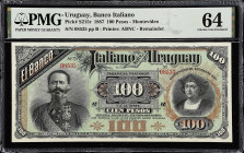 URUGUAY. Banco Italiano. 100 Pesos, 1887. P-S215r. Remainder. PMG Choice Uncirculated 64.
PMG comments "Pinhole".

Estimate: $100.00- $200.00