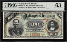 URUGUAY. Lot of (2). Banco Italiano del Uruguay. 100 Pesos, 1887. P-S215r. Remainders. PMG Choice Uncirculated 63 & 64.
Plates A & B, No.'s 06825. PM...
