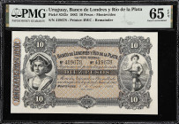 URUGUAY. Banco Londres y Rio de la Plata. 10 Pesos, 1883. P-S242r. Remainder. PMG Gem Uncirculated 65 EPQ.

Estimate: $50.00- $100.00