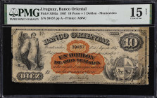 URUGUAY. Banco Oriental. 10 Pesos = 1 Doblon, 1867. P-S385a. PMG Choice Fine 15 Net. Edge Damage, Tape Repair.
Printed by ABNC. Edge Damage, Tape Rep...