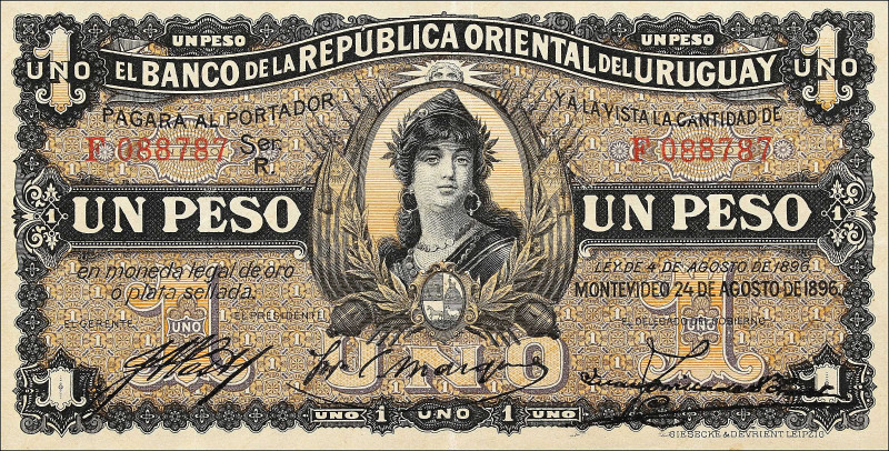 URUGUAY. Banco de la Republica Oriental del Uruguay. 1 Peso, 1896. P-3a. Extreme...