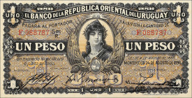 URUGUAY. Banco de la Republica Oriental del Uruguay. 1 Peso, 1896. P-3a. Extremely Fine.
Pinholes. Toning.

Estimate: $100.00- $200.00
