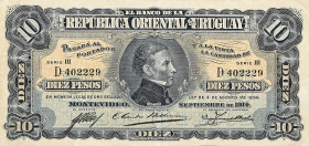 URUGUAY. Banco de la Republica Oriental del Uruguay. 10 Pesos, 1896. P-11a. Very Fine.
Toning.

Estimate: $100.00- $200.00