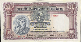 URUGUAY. Departamento de Emision del Banco de la Republica Oriental del U. 500 Pesos, 1935. P-32b. Very Fine.
An ornately designed large format 500 P...