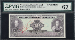 VENEZUELA. Banco Central de Venezuela. 10 Bolivares, ND (1986-95). P-61s. Specimen. PMG Superb Gem Uncirculated 67 EPQ.

Estimate: $100.00- $200.00