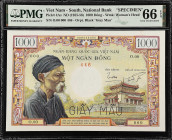 VIETNAM, SOUTH. National Bank. 1000 Dong, ND (1955-56). P-4As. Specimen. PMG Gem Uncirculated 66 EPQ.
Known as the Holy Grail of South Viet Nam Bankn...