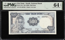 VIETNAM, SOUTH. Ngan Hang Quoc Gia Viet Nam. 500 Dong, ND (1966). P-23a. PMG Choice Uncirculated 64 EPQ.
Nearly Gem.
From the Prosperity Collection....