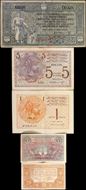 YUGOSLAVIA. Lot of (5). Mixed Banks. Mixed Denominations, 1919-20. P-12, 14, 16,...
