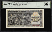 YUGOSLAVIA. Narodna Banka Federativne Narodne Republike Jugoslavije. 100 Dinara, 1953. P-68. PMG Gem Uncirculated 66 EPQ.
From the Prosperity Collect...