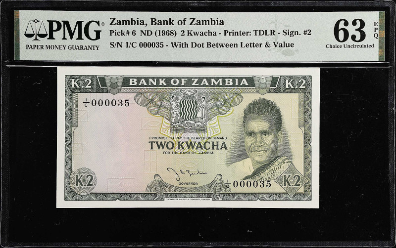 ZAMBIA. Bank of Zambia. 2 Kwacha, ND (1968). P-6. PMG Choice Uncirculated 63 EPQ...