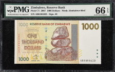 ZIMBABWE. Reserve Bank of Zimbabwe. 1000 Dollars, 2007. P-71. PMG Gem Uncirculated 66 EPQ.

Estimate: $40.00- $60.00