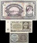 MIXED LOTS. Lot of (3). Republika Ceskoslovenska & Protektorat Bohmen und Mahren. 1, 10 & 5000 Korun, 1920-42. P-3, 8 & 19as. About Uncirculated to Ch...